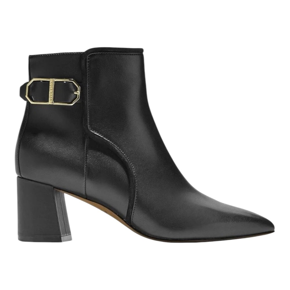 Cole Haan Women's  Ettie Ankle Side Zip Booties Black Leather Gold Buckle Size 6